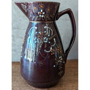 Brown Betty Redware Water Pitcher Japan Hand Painted Vintage Gold Trim 2.5 Cups